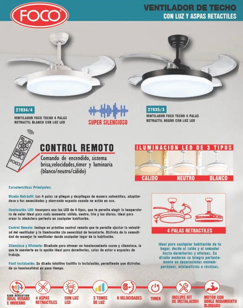 Ventilador Foco Techo con Control 48"