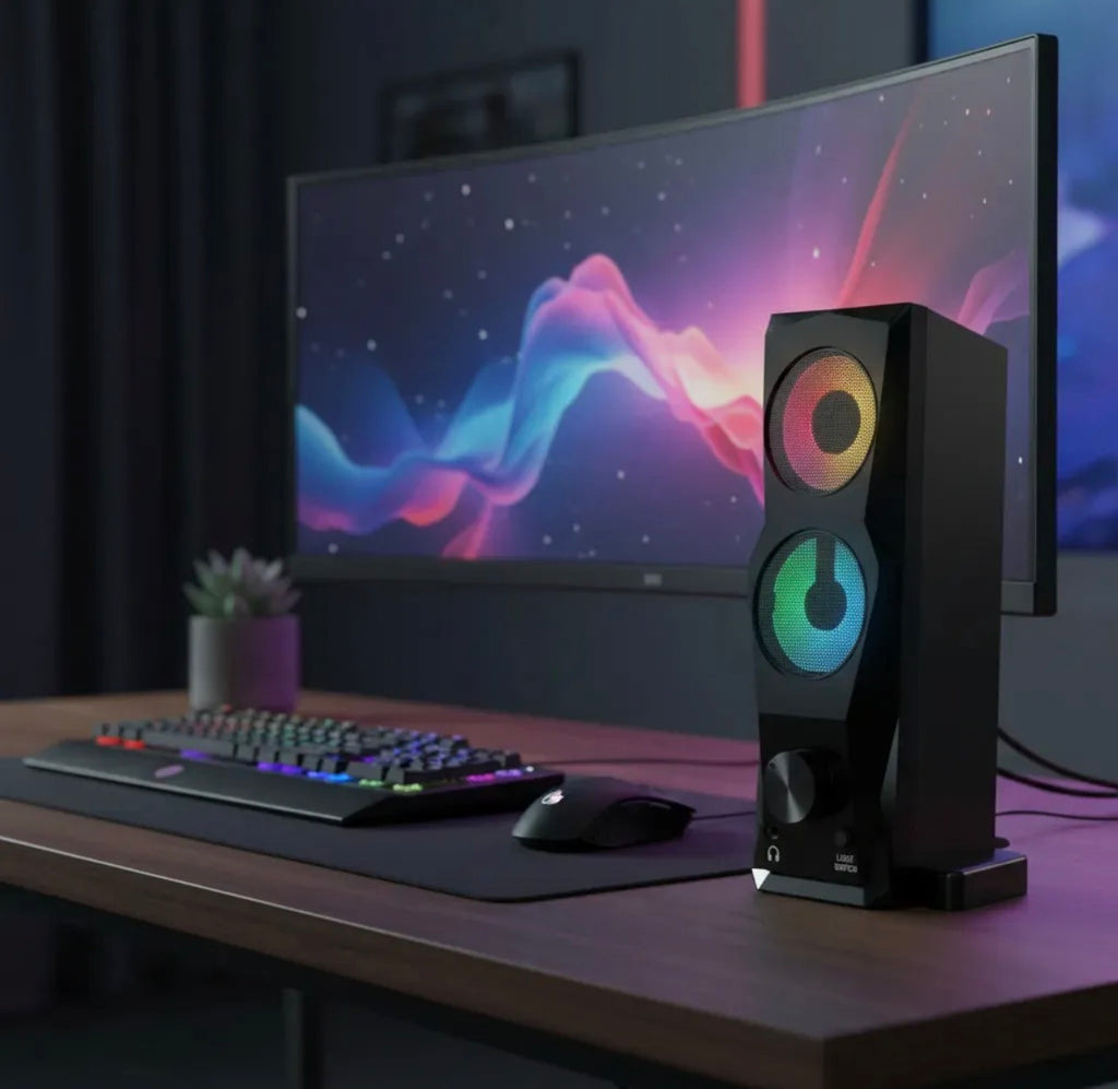Parlante Gamer RGB 2 en 1 Zenei para PC – Barra de Sonido con Luces LED, Conexión AUX, Sonido Estéreo 3W